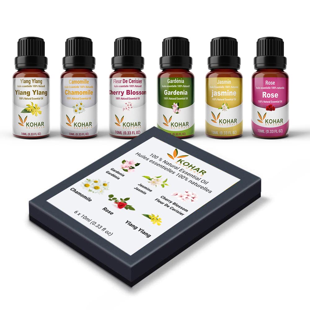 Floral Essential Oils Diffuser Fragrances Gift set. Rose, Chamomile, Jasmine, Cherry Blossom, Ylang Ylang and Gardenia,
