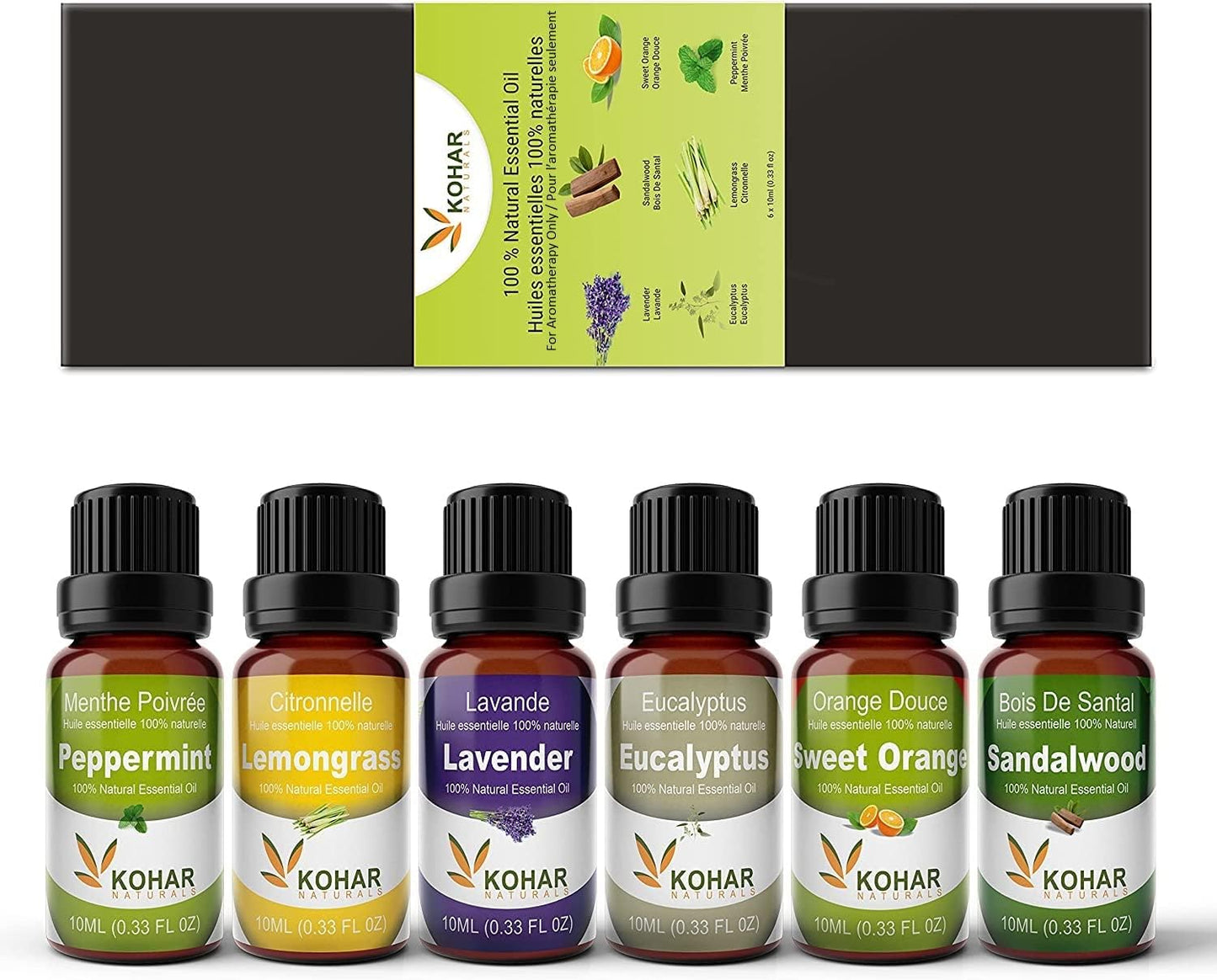 6 Pack Gift Set of Essential Oils - Lavender, Eucalyptus, Lemongrass, Peppermint, Sandalwood and Sweet Orange